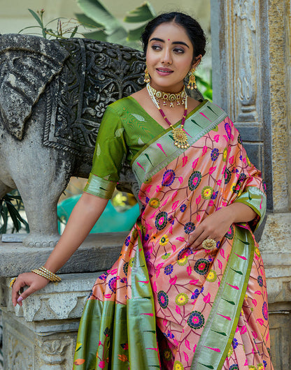 Peach Pink & Olive Green Paithani Silk Saree With Floral Zari Weaving Work