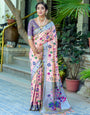 Peach Puff & Blue Paithani Silk Saree With Floral Zari Weaving Work