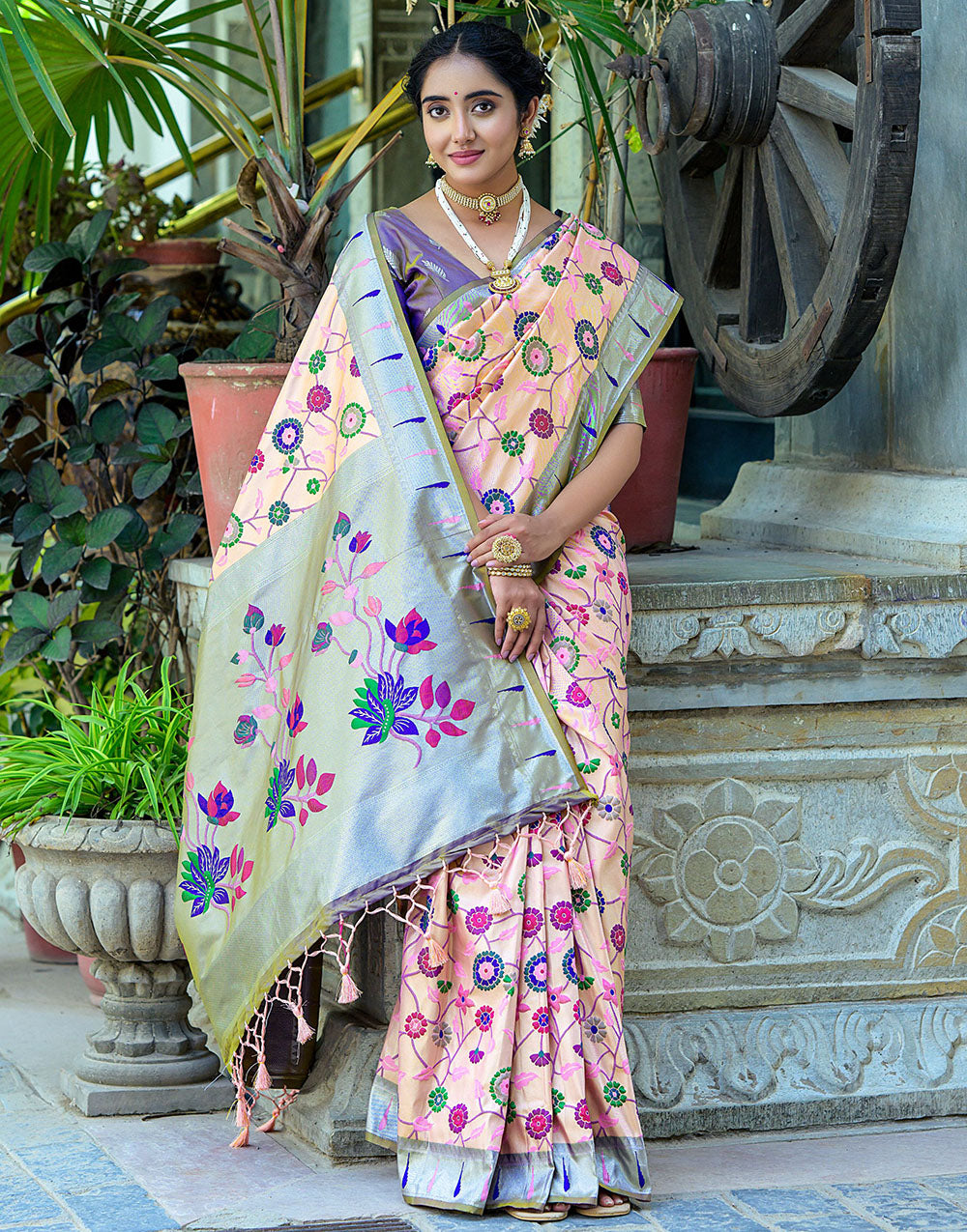 Peach Puff & Blue Paithani Silk Saree With Floral Zari Weaving Work