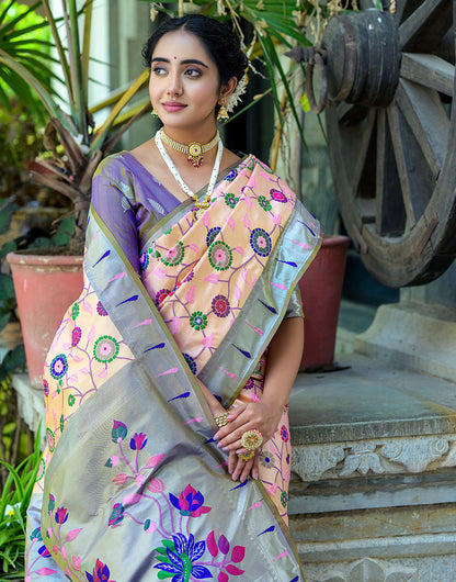 Peach Puff & Blue Paithani Silk Saree With Floral Zari Weaving Work