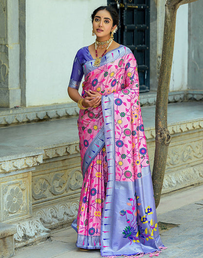 Pink & Blue Paithani Silk Saree With Floral Zari Weaving Work