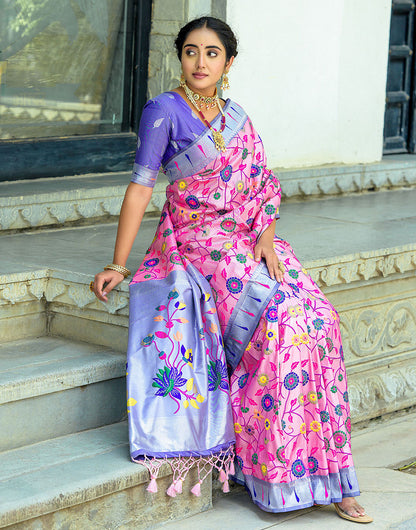 Pink & Blue Paithani Silk Saree With Floral Zari Weaving Work