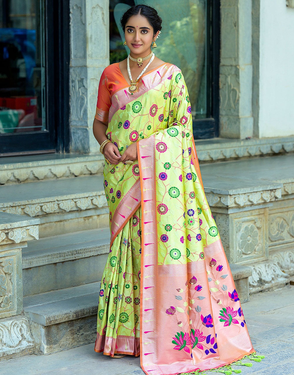 Light Lime Green & Orange Paithani Silk Saree With Floral Zari Weaving Work