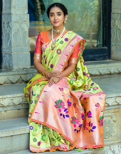 Light Lime Green & Orange Paithani Silk Saree With Floral Zari Weaving Work