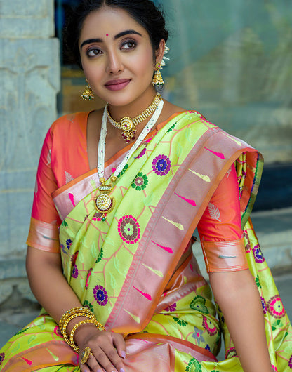 Light Lime Green & Orange Paithani Silk Saree With Floral Zari Weaving Work