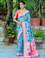 Sky Blue & Orange Paithani Silk Saree With Floral Zari Weaving Work