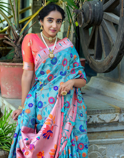 Sky Blue & Orange Paithani Silk Saree With Floral Zari Weaving Work