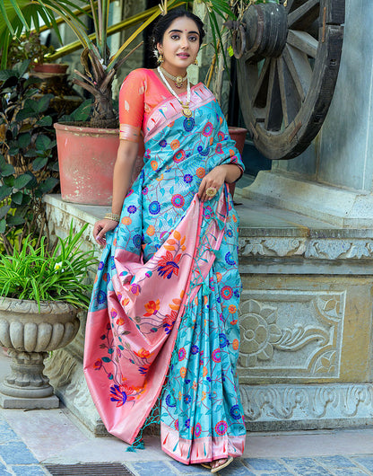 Sky Blue & Orange Paithani Silk Saree With Floral Zari Weaving Work