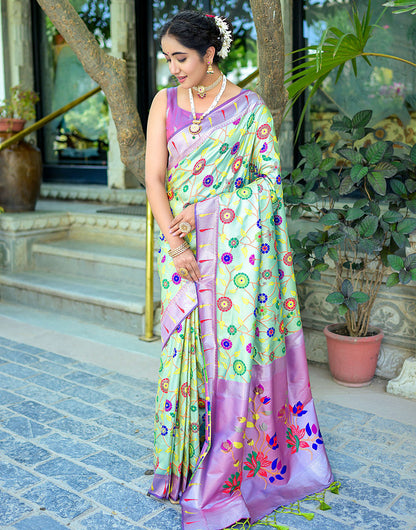 Pista Green & Purple Paithani Silk Saree With Floral Zari Weaving Work