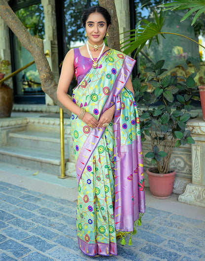 Pista Green & Purple Paithani Silk Saree With Floral Zari Weaving Work