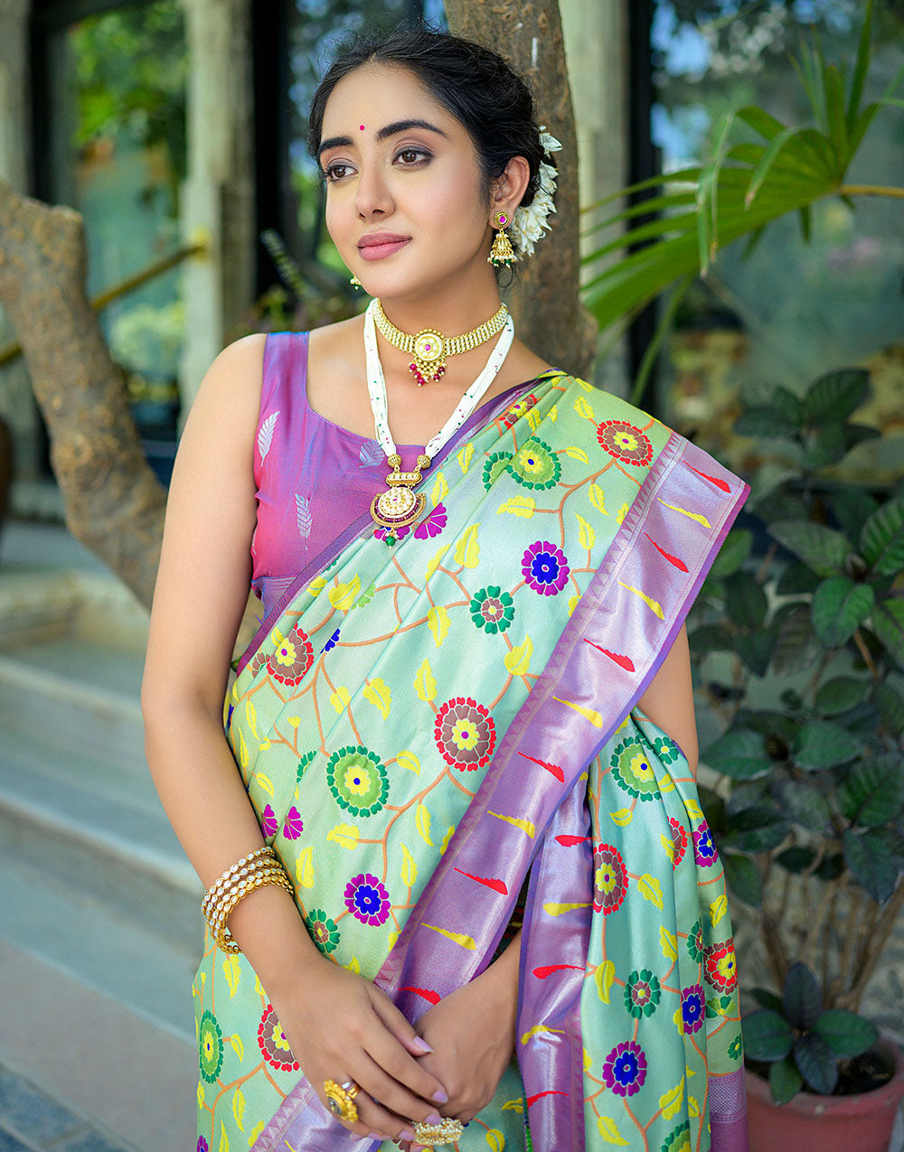 Pista Green & Purple Paithani Silk Saree With Floral Zari Weaving Work