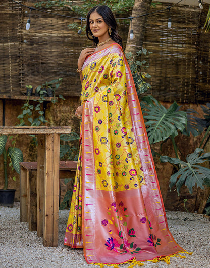 Yellow & Orange Paithani Silk Saree With Floral Zari Weaving Work