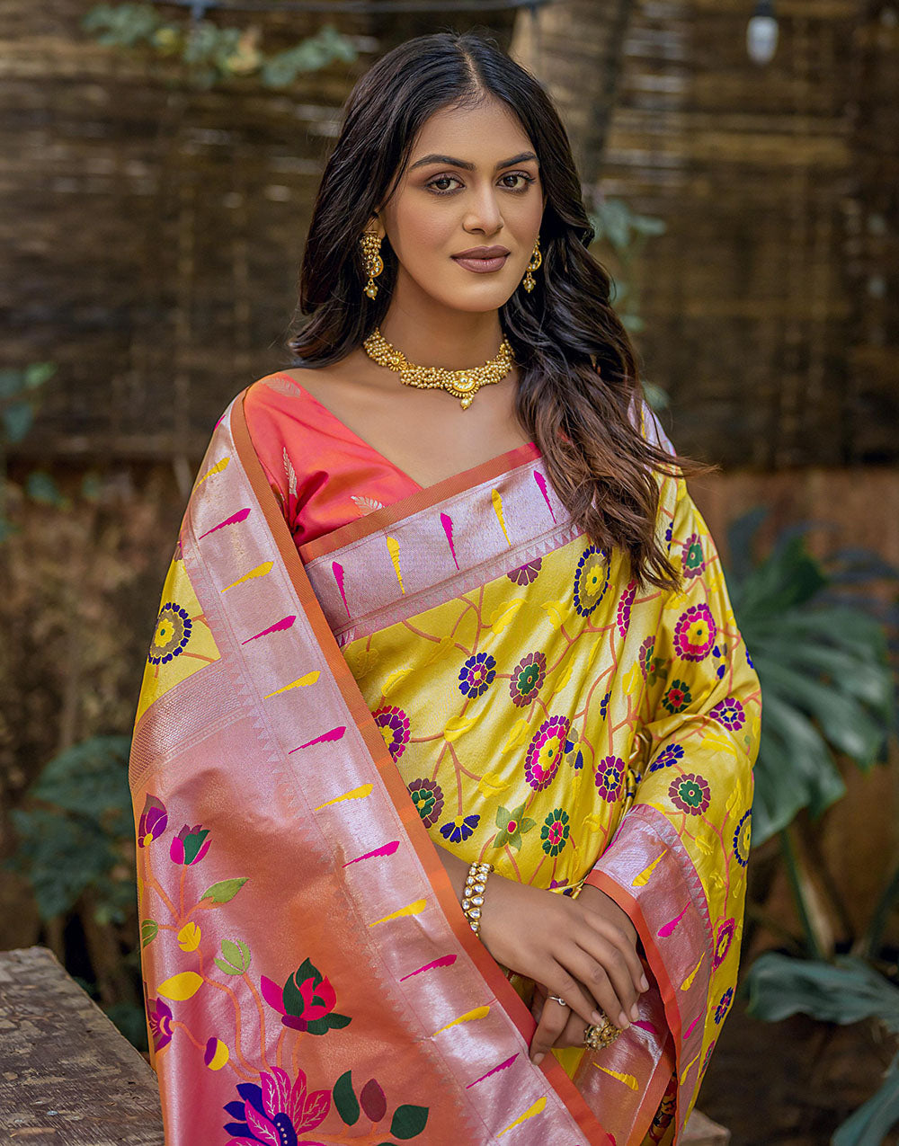 Yellow & Orange Paithani Silk Saree With Floral Zari Weaving Work