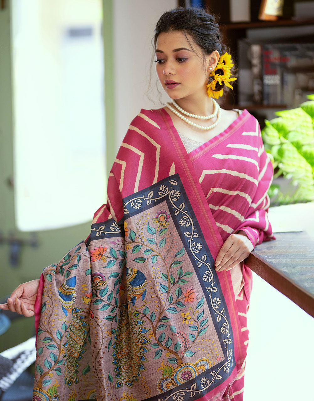 Pink Tussar Silk Saree With Lehariya Printed Work