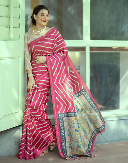 Pink Tussar Silk Saree With Lehariya Printed Work