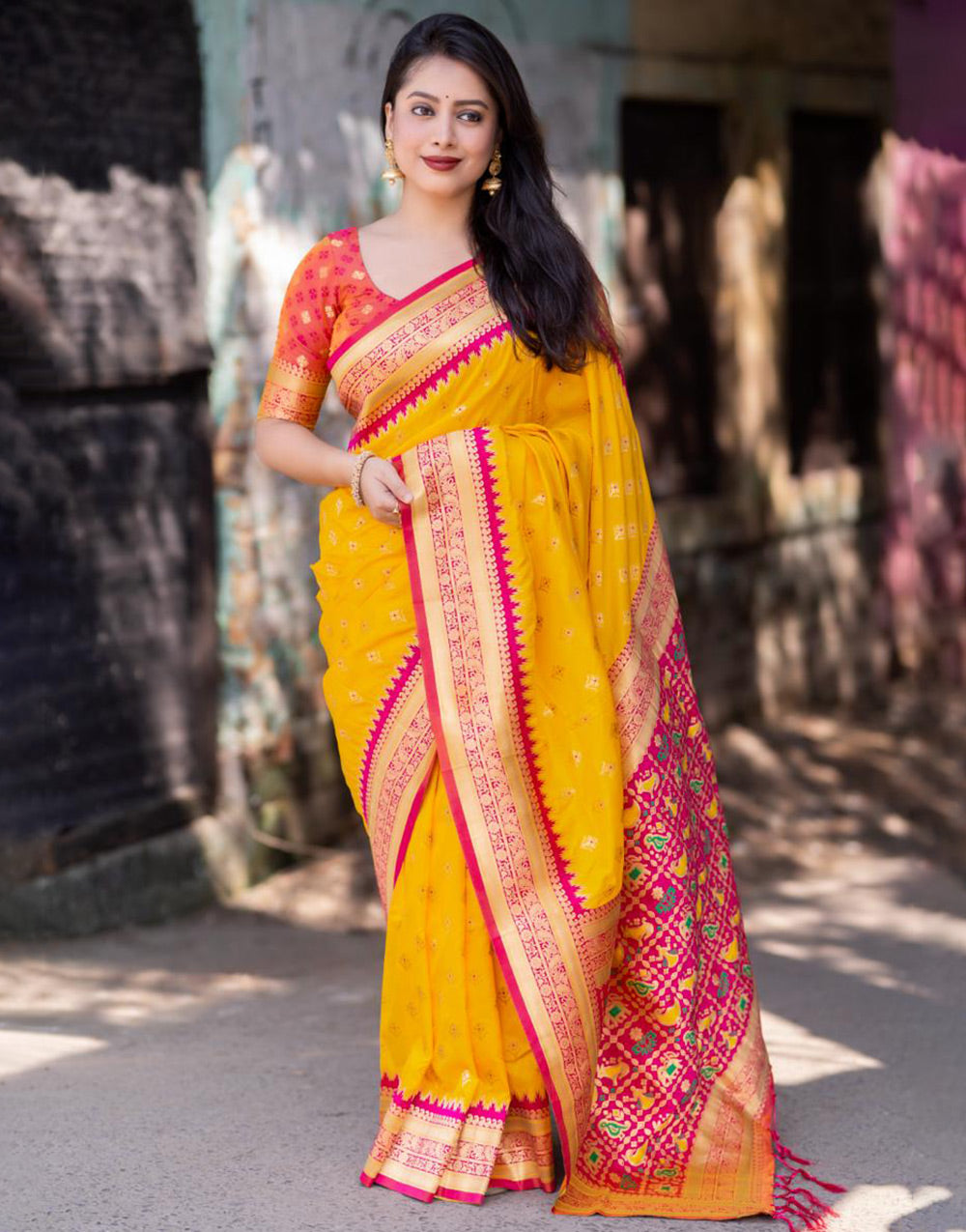 Honey Yellow & Red Silk Saree With Zari Weaving Work