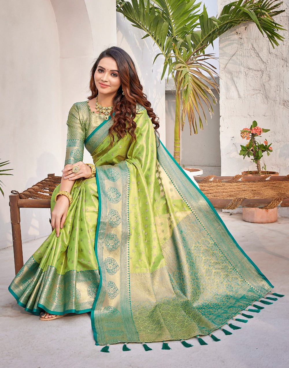 Parrot Green & Rama Green Silk Saree With Zari Weaving Work