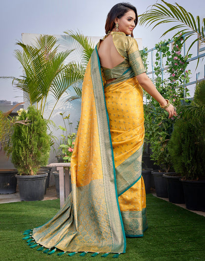 Yellow & Green Silk Saree With Zari Weaving Work