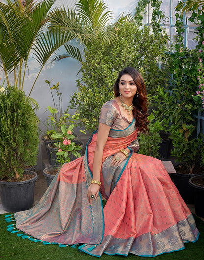 Dark Peach & Rama Blue Silk Saree With Zari Weaving Work