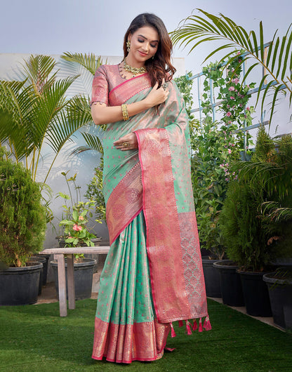 Jade Green & Pink Silk Saree With Zari Weaving Work