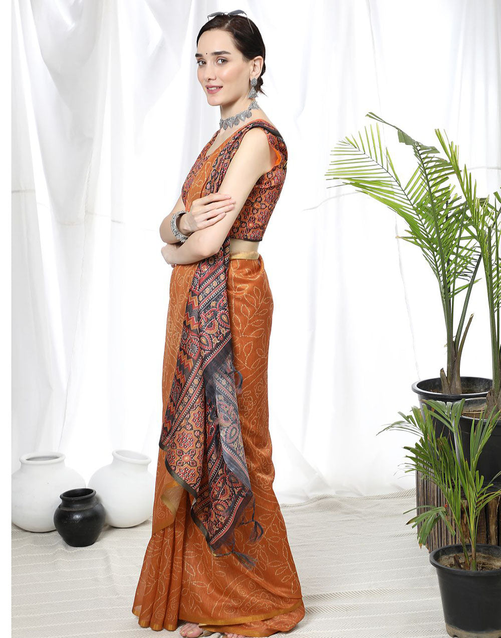 Orange Soft Cotton Saree With Bandhani Printed Work