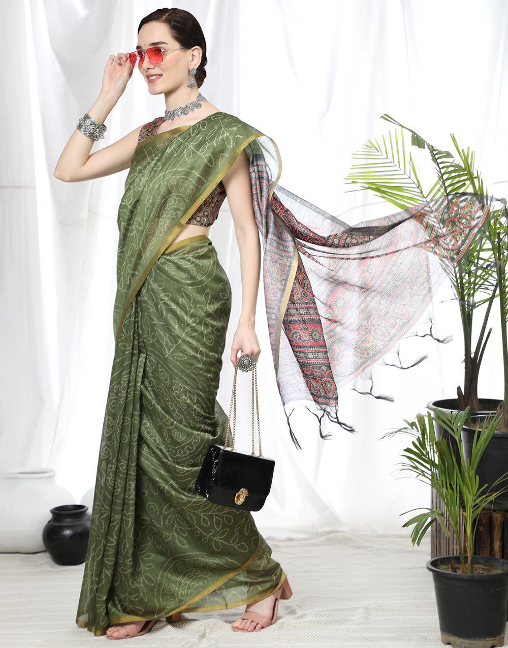 Olive Green Soft Cotton Saree With Bandhani Printed Work