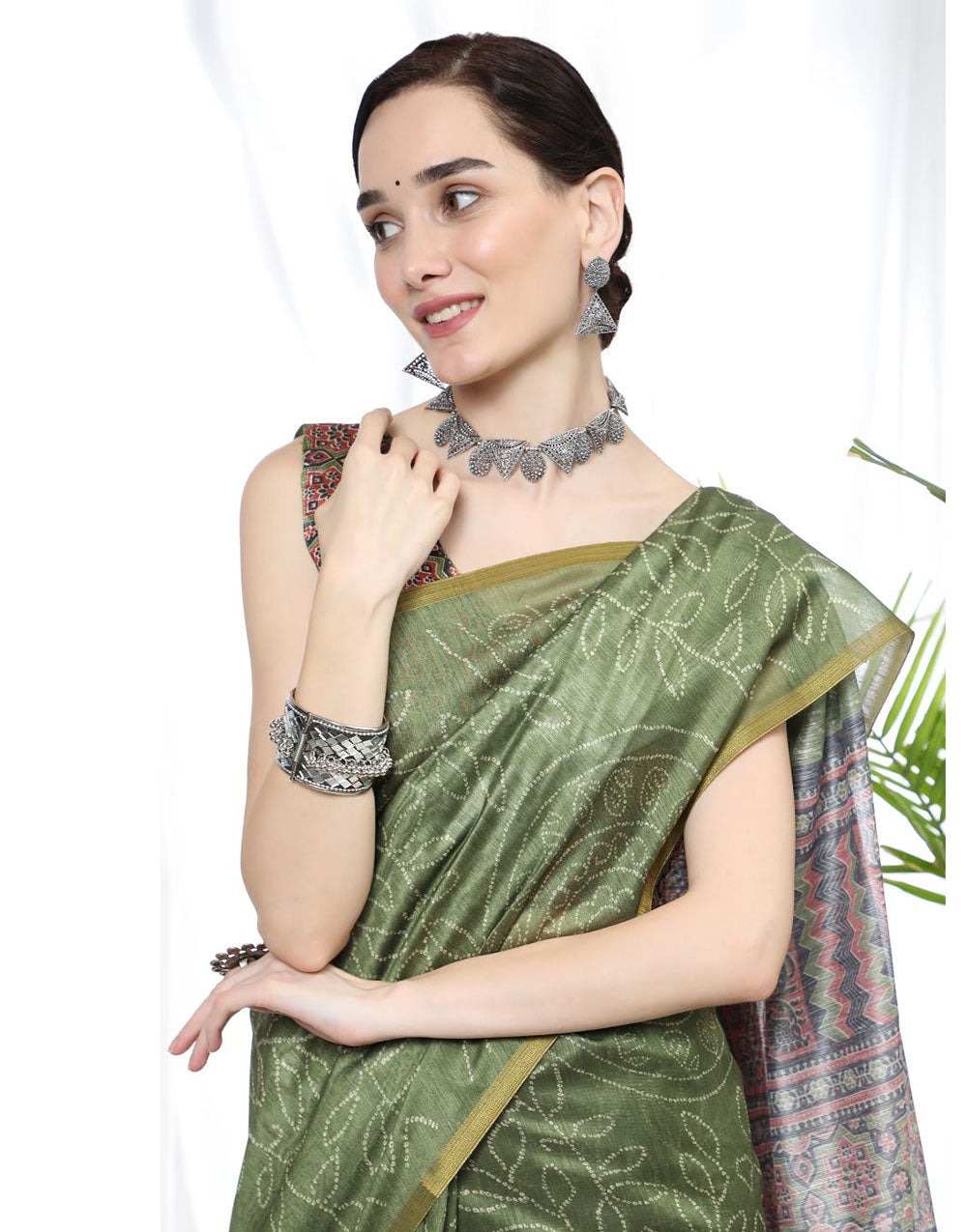 Olive Green Soft Cotton Saree With Bandhani Printed Work