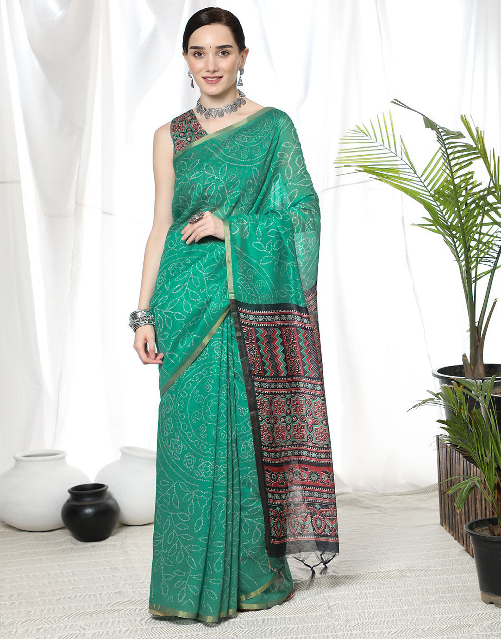 Teal Green Soft Cotton Saree With Bandhani Printed Work