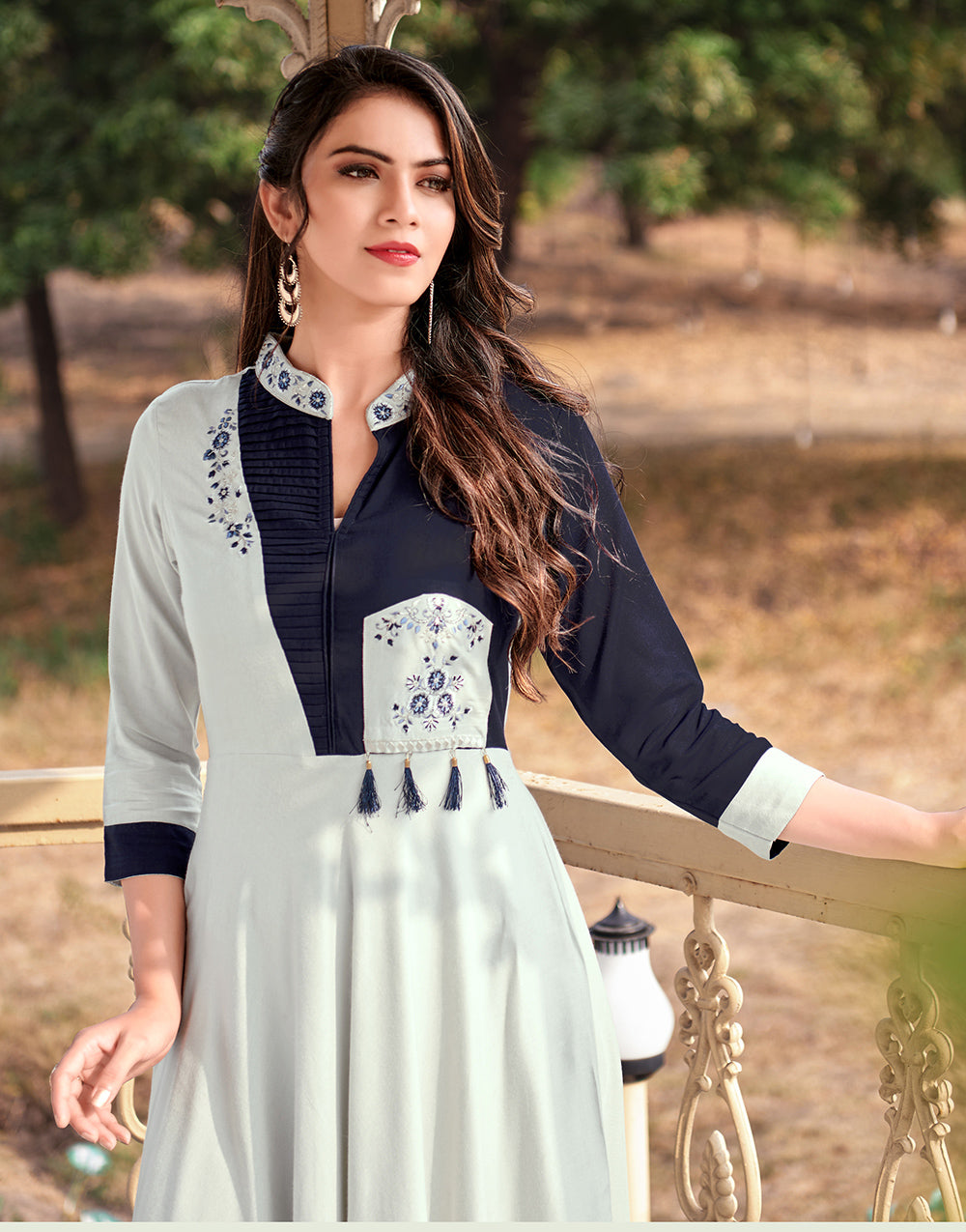 Tea Green & Blue Rayon Cotton With Heavy Embroidery Work Long Kurti