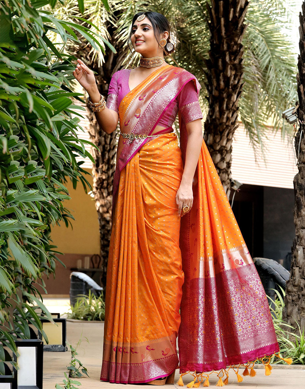 Orange Banarasi Silk Saree With Zari Weaving Work