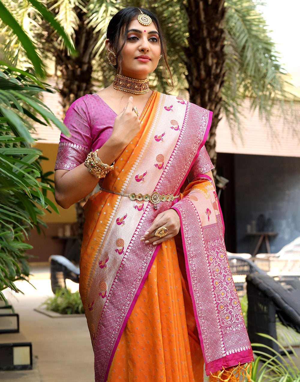 Orange Banarasi Silk Saree With Zari Weaving Work