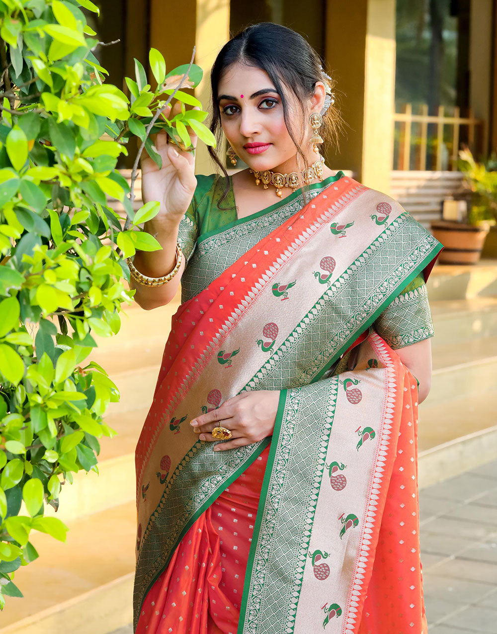 Peach Banarasi Silk Saree With Zari Weaving Work