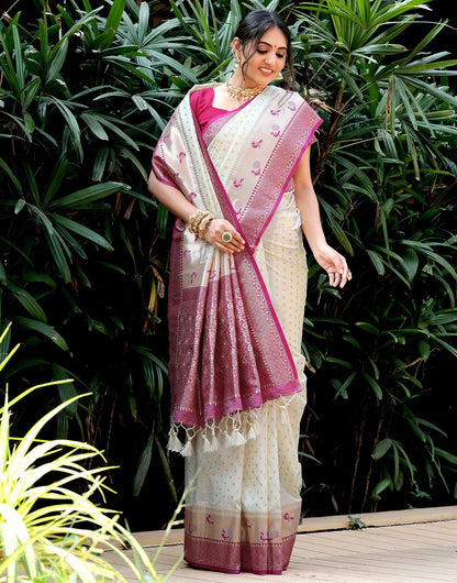 White Banarasi Silk Saree With Zari Weaving Work