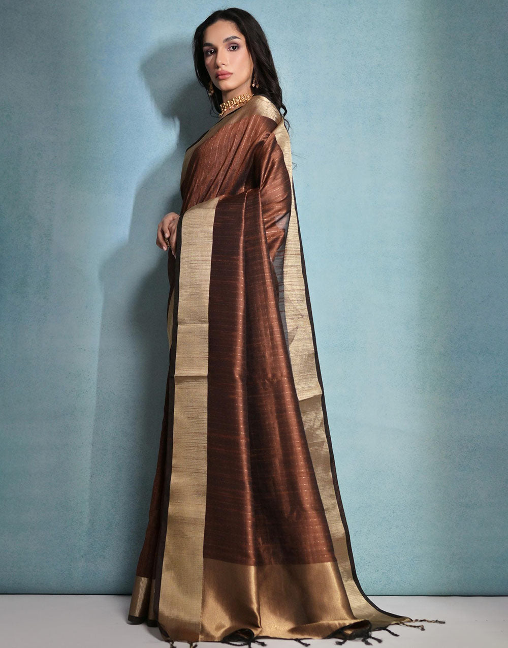 Coffee Soft Banarasi Raw Silk Saree With Blouse