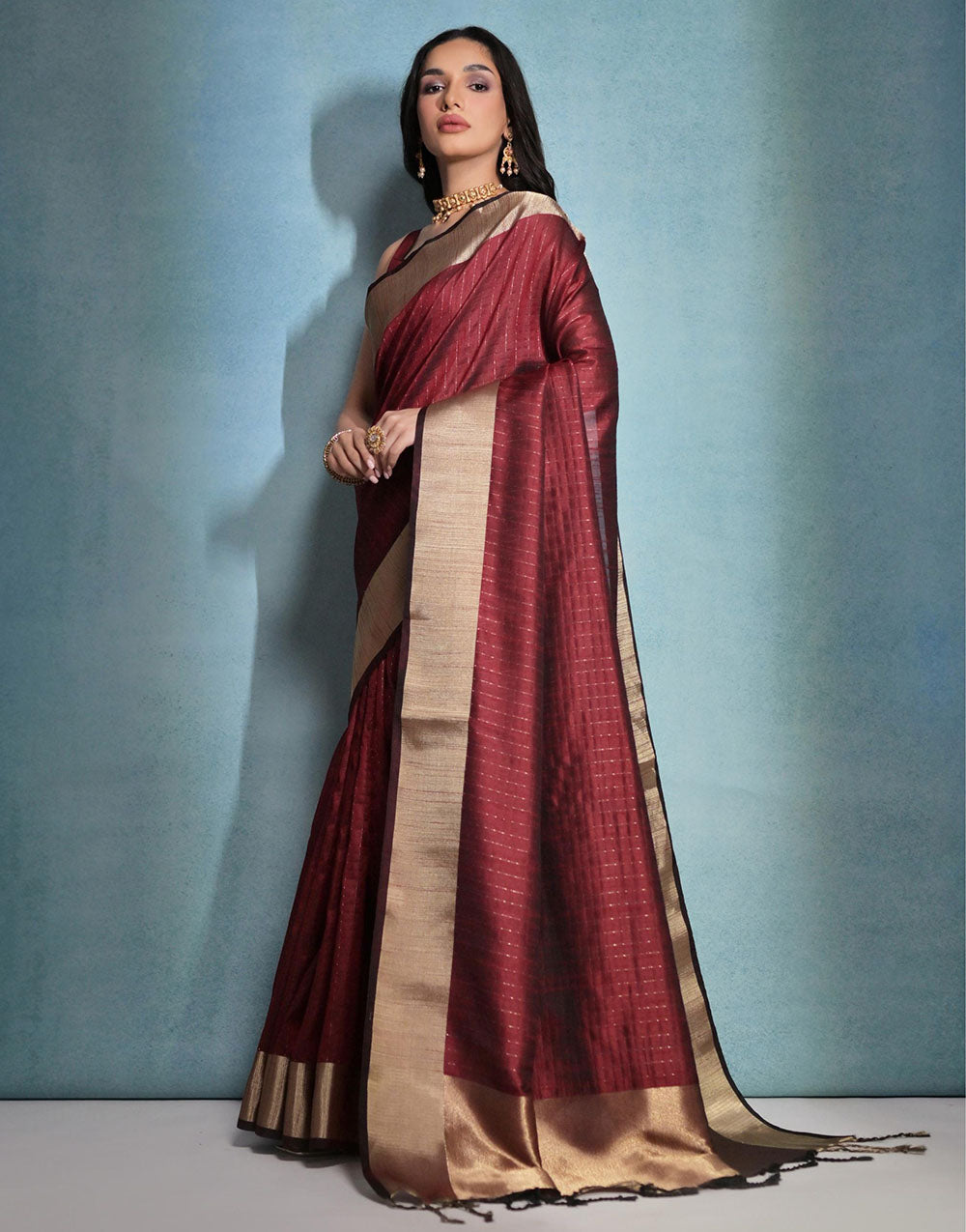 Maroon Soft Banarasi Raw Silk With Zari Border Saree