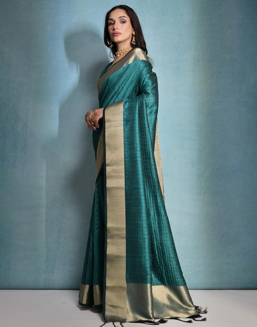 Beautiful Teal Green Soft Banarasi Raw Silk Saree