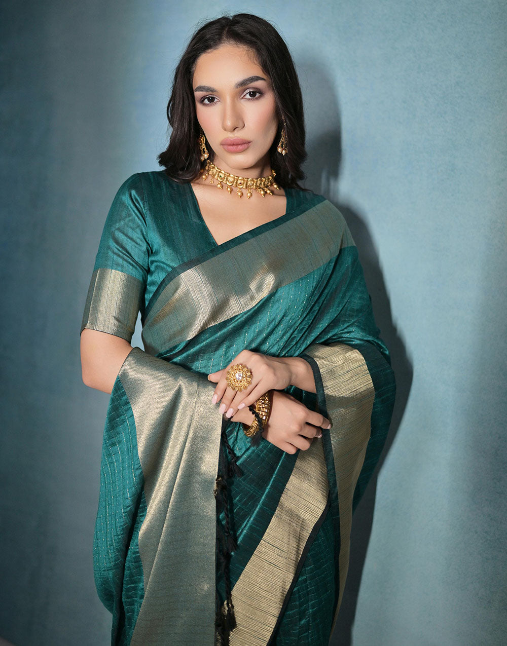 Beautiful Teal Green Soft Banarasi Raw Silk Saree