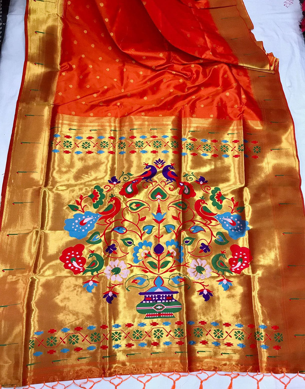 Orange Paithani Silk Saree With Golden Zari Weaving Work