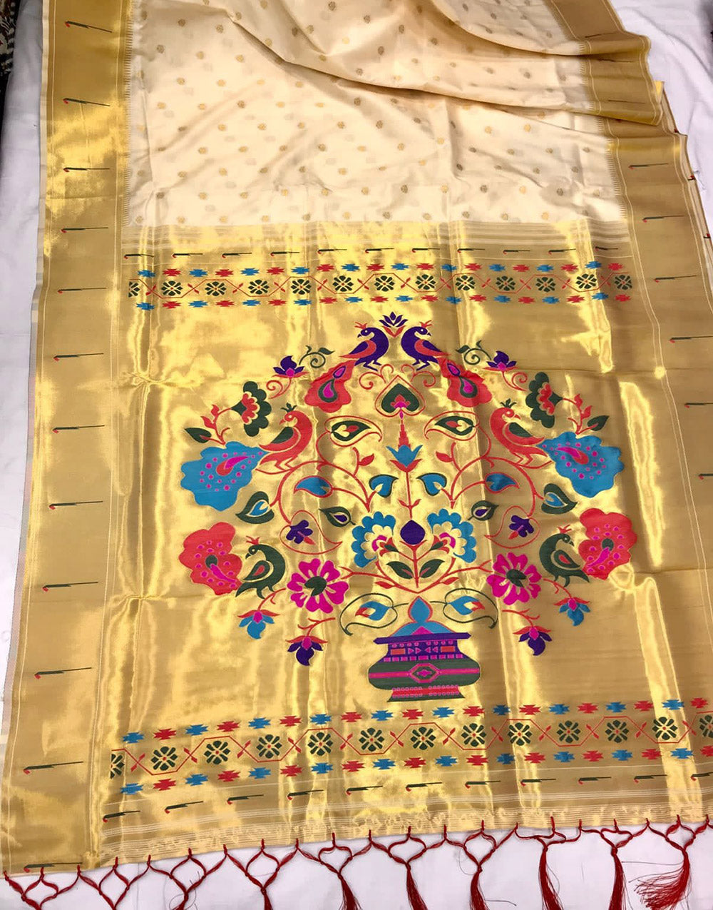 Cream Paithani Saree With Golden Zari Weaving Work
