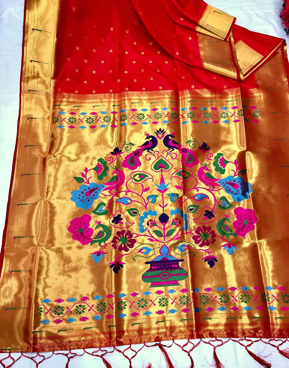 Red Paithani Saree With Golden Zari Weaving Work