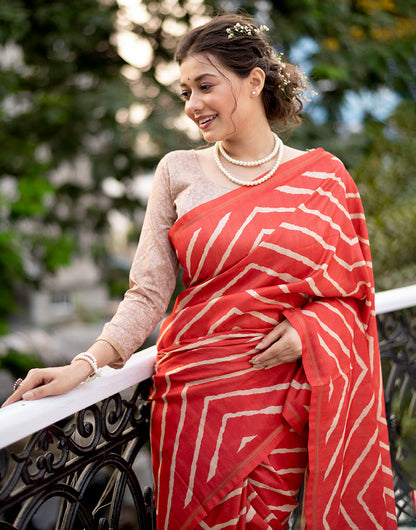 Red Tussar Silk Saree With Lehariya Printed Work