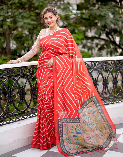 Red Tussar Silk Saree With Lehariya Printed Work