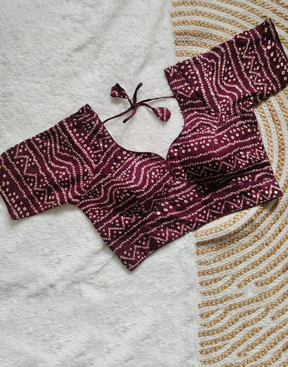 Dark Maroon Rayon Cotton With Bandhani Printed Blouse