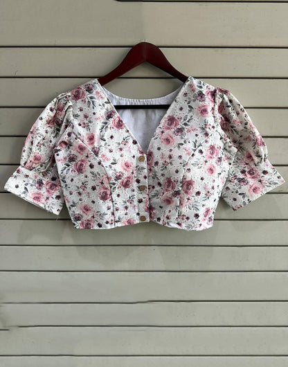 Flower Design Cotton With Digital Printed White Blouse