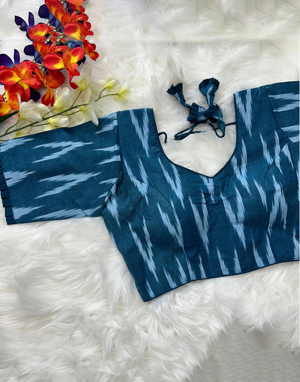 Dark Steel Blue Cotton With Printed Blouse