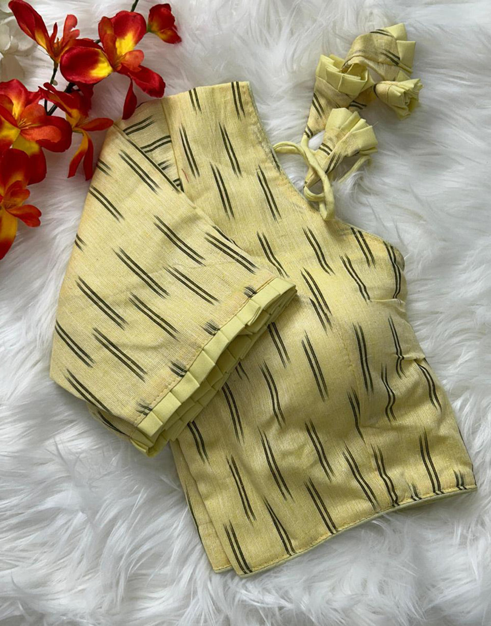 Pastel Yellow Cotton With Printed Blouse