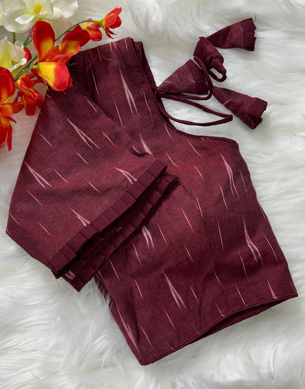 Dark Maroon Cotton With Printed Blouse