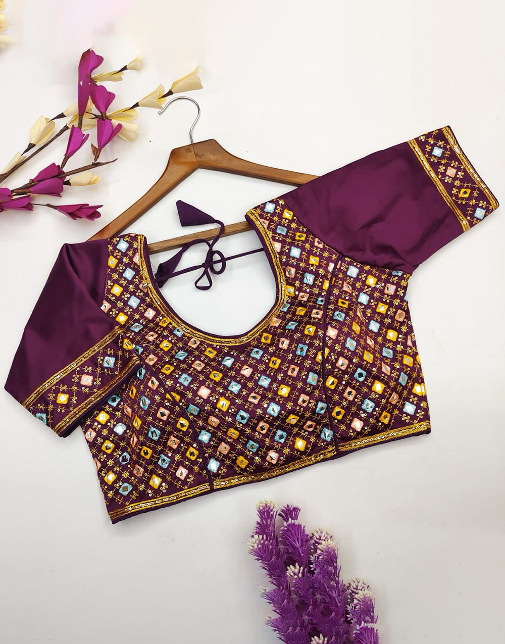 Wine Raw Silk With Mirror & Sequence Work Blouse