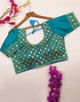 Teal Blue Raw Silk With Mirror & Sequence Work Blouse