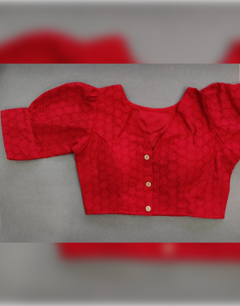 Red Cotton Chikankari Work & Puff Sleeve Blouse